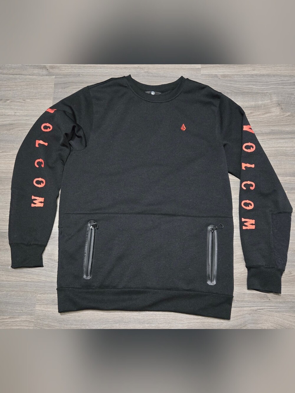 Volcom Black Crewneck Sweatshirt with Red Sleeve Logo Mens Large